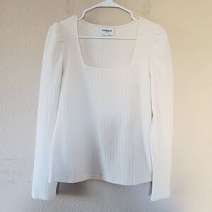 FRNCH Paris White Cotton Blouse Size Large Ribbed Puff Sleeves Square Neck Euc